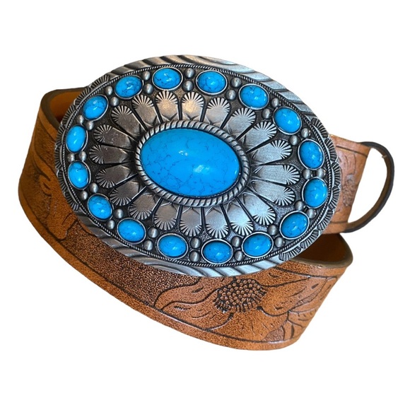 Boutique Accessories - Turquoise Stone Embossed Brown Leather Western Belt With Silver Metal BuckleNew